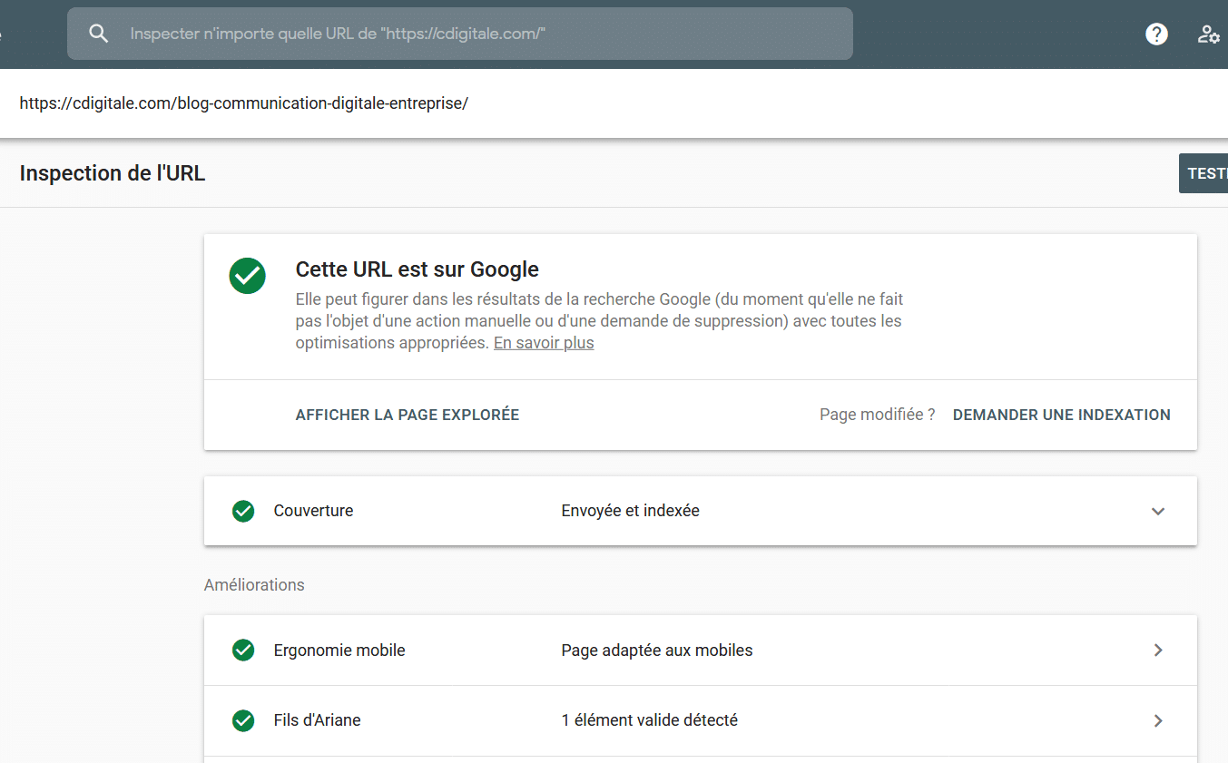 inspection de ses urls sur search console
