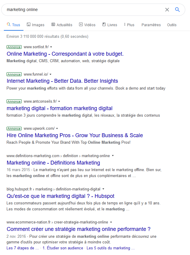 recherche mots clés sur google avec le marketing online